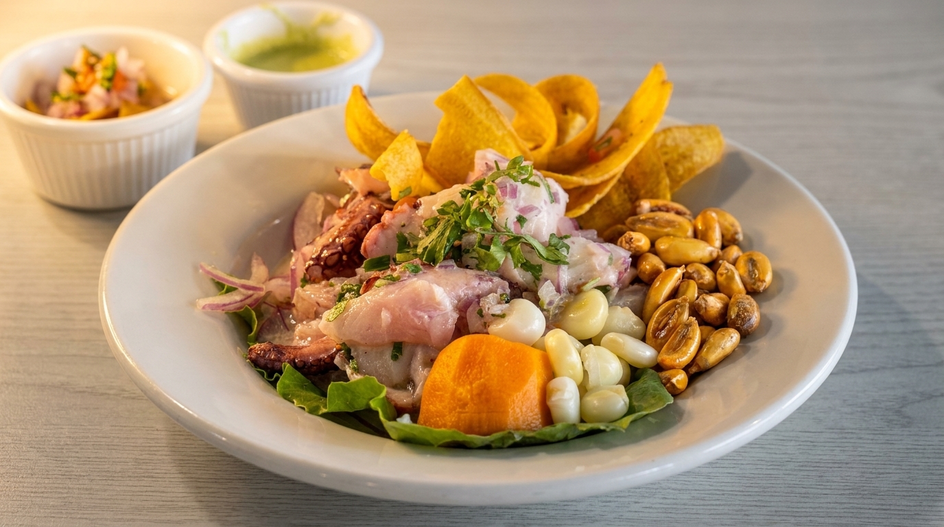 Peruvian ceviche with seafood, plantain chips, corn, and sweet potato, served with two dipping sauces.