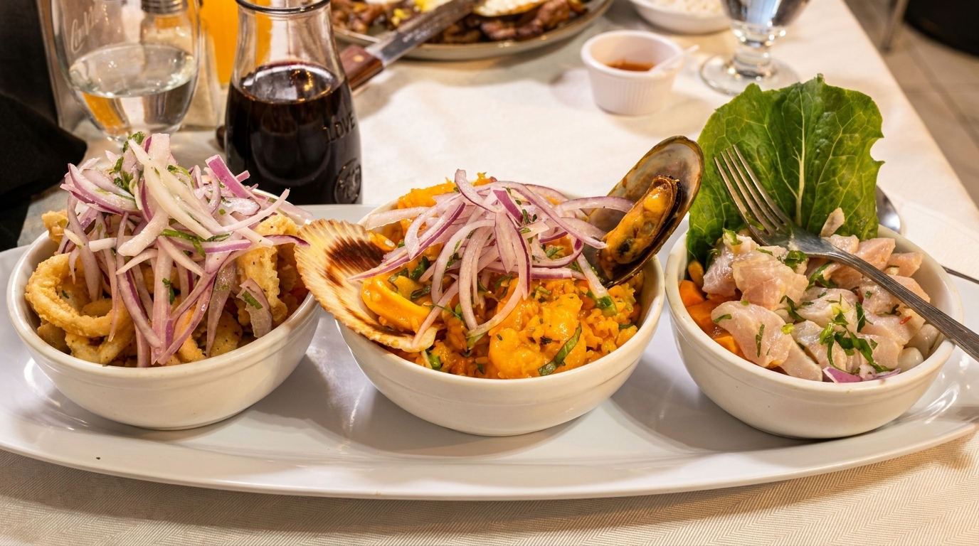 Three bowls of Peruvian seafood dishes, including fried calamari, arroz con mariscos, and ceviche.