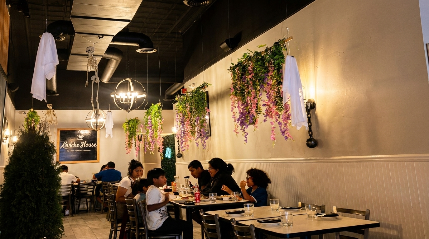 Restaurant interior with diners, hanging wisteria, and Halloween decorations including skeletons and ghosts.