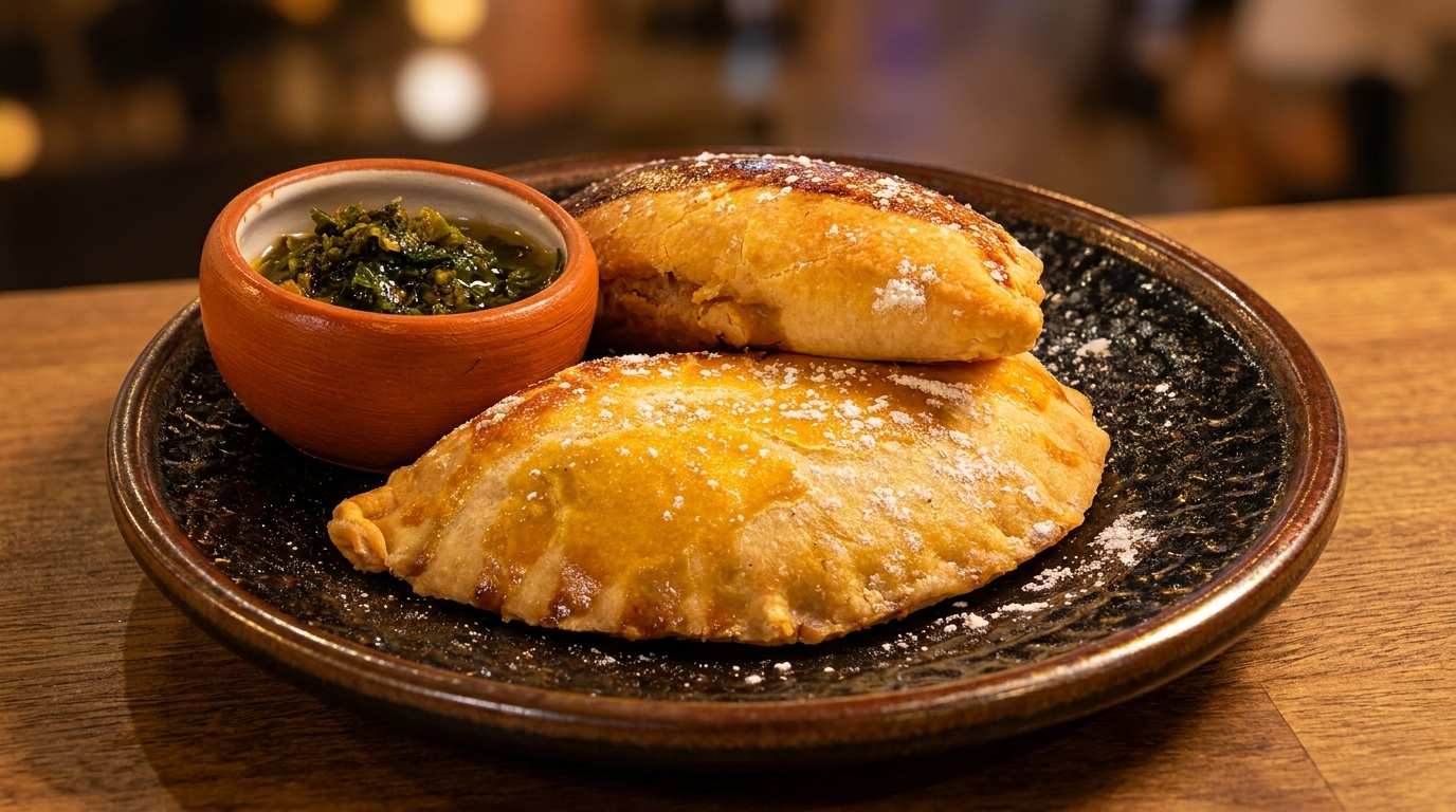 Two golden-brown empanadas dusted with powdered sugar, served with a side of green chimichurri sauce.