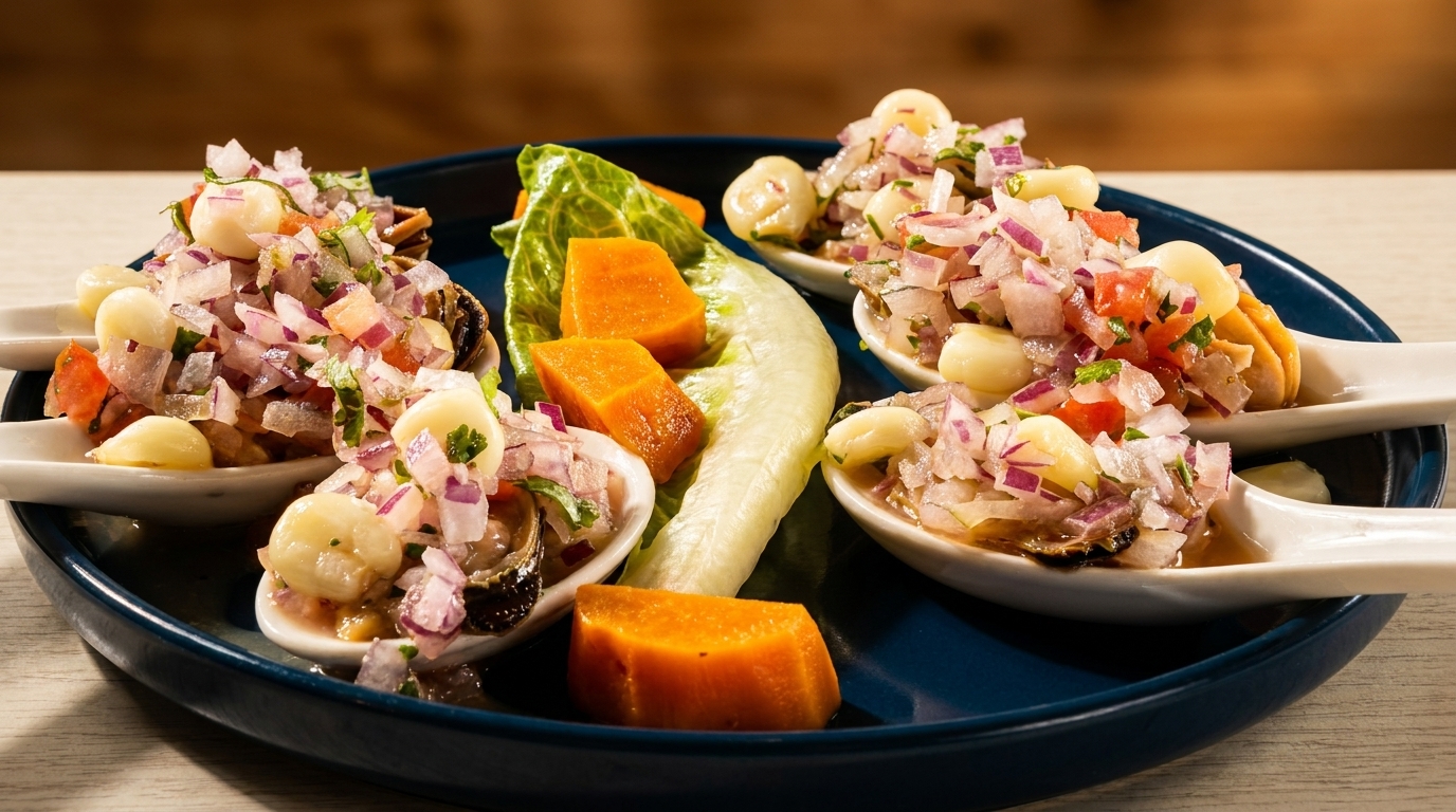 Ceviche spoons with diced red onion, tomato, corn, and sweet potato on a blue plate.