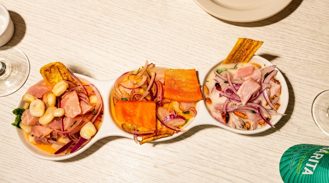 Three servings of ceviche with fish, red onions, corn, and sweet potato in a white dish.