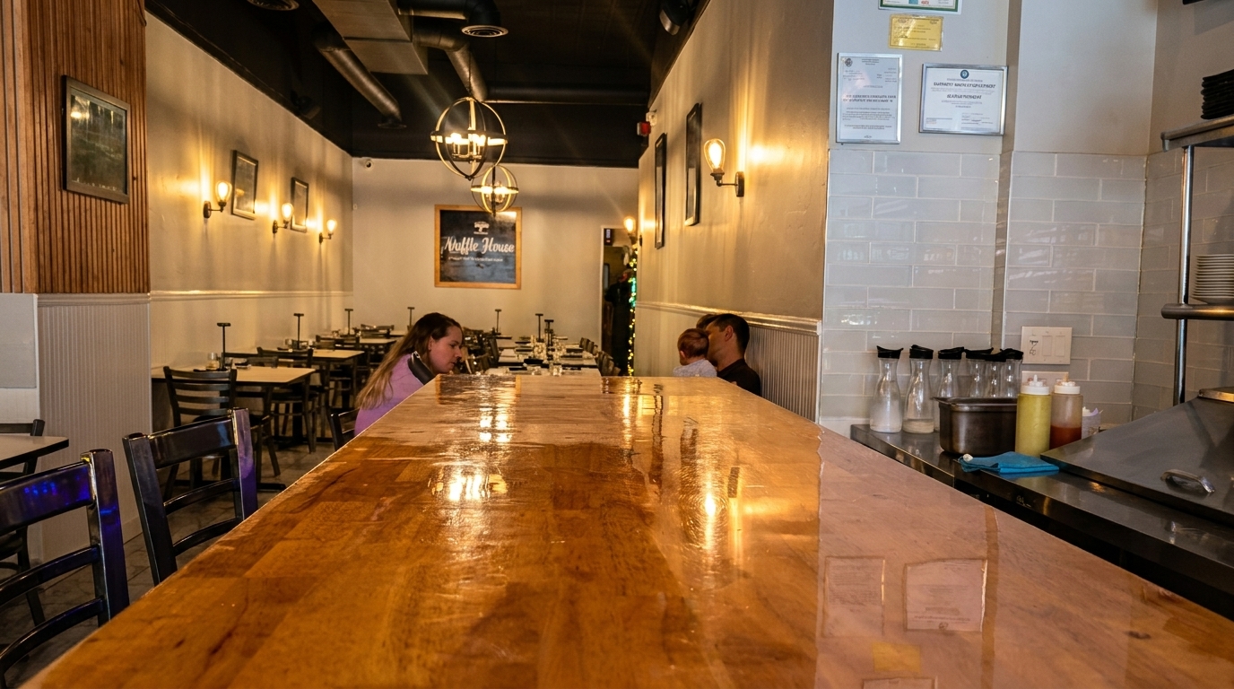 A restaurant interior with a long wooden bar in the foreground and dining tables in the background.