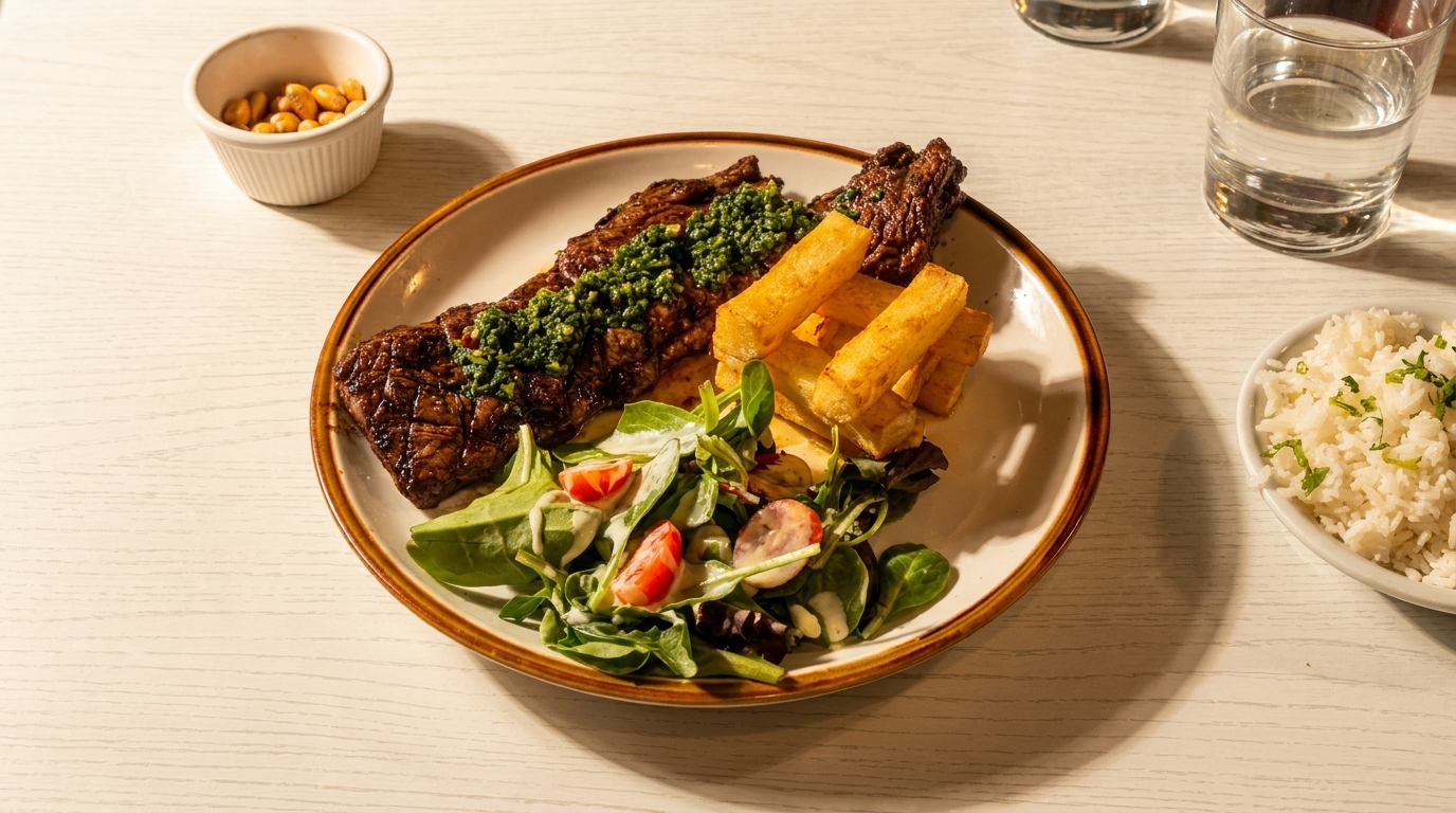 Grilled steak with chimichurri, yuca fries, and a side salad, with rice and corn nuts.