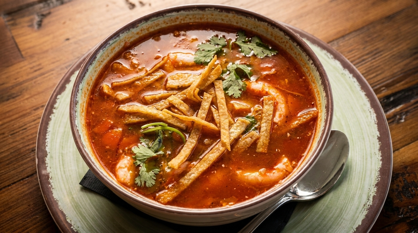 A bowl of vibrant red tortilla soup with shrimp, tortilla strips, and cilantro on a wooden table.