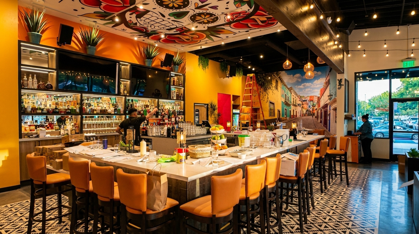 Vibrant Mexican restaurant interior with a long bar, orange stools, and colorful murals on walls and ceiling.