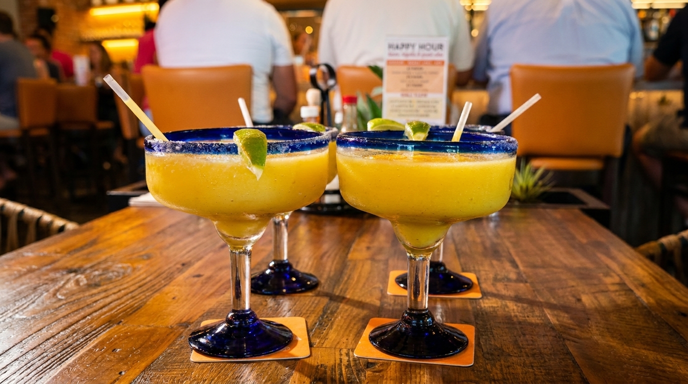 Two frozen margaritas with lime wedges and straws on a wooden table in a restaurant.