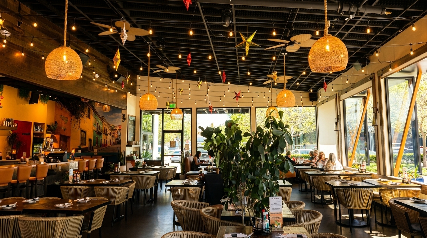Spacious, vibrant restaurant interior with woven light fixtures, a bar, and patrons dining near large windows.