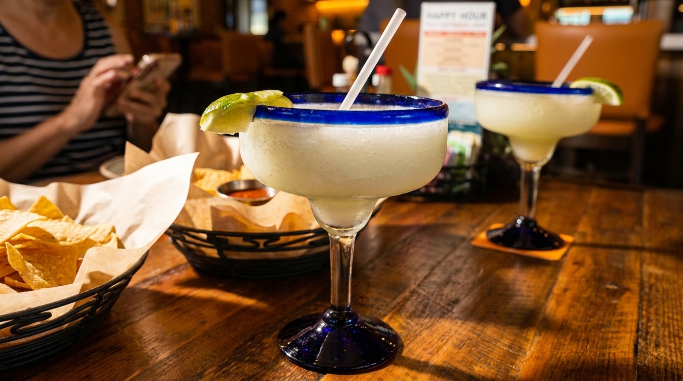 Two frozen margaritas with lime wedges and a basket of tortilla chips on a wooden table.