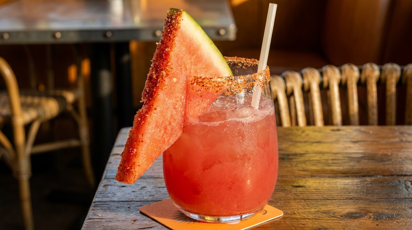 Watermelon cocktail with a chili-lime rim and a large watermelon slice on a wooden table.