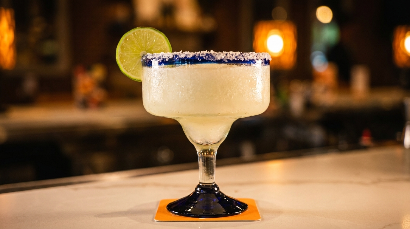 A frozen margarita with a salted rim and lime wedge sits on a bar.
