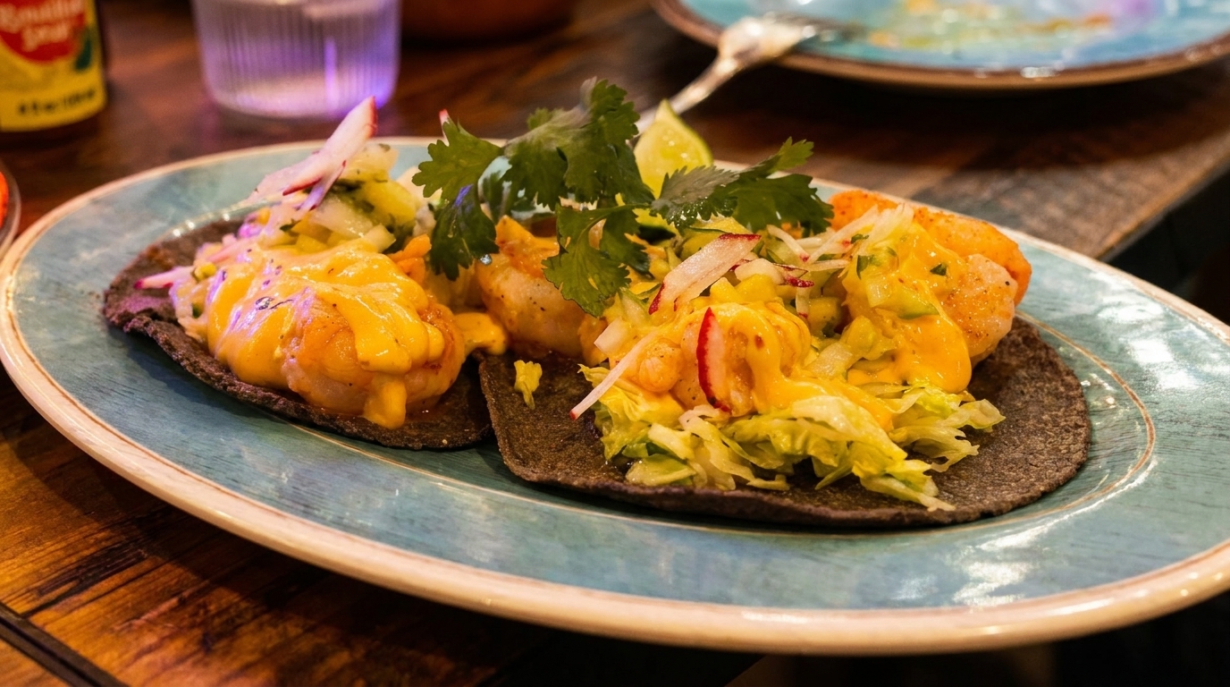 Two shrimp tacos with melted cheese, lettuce, and cilantro on blue corn tortillas.
