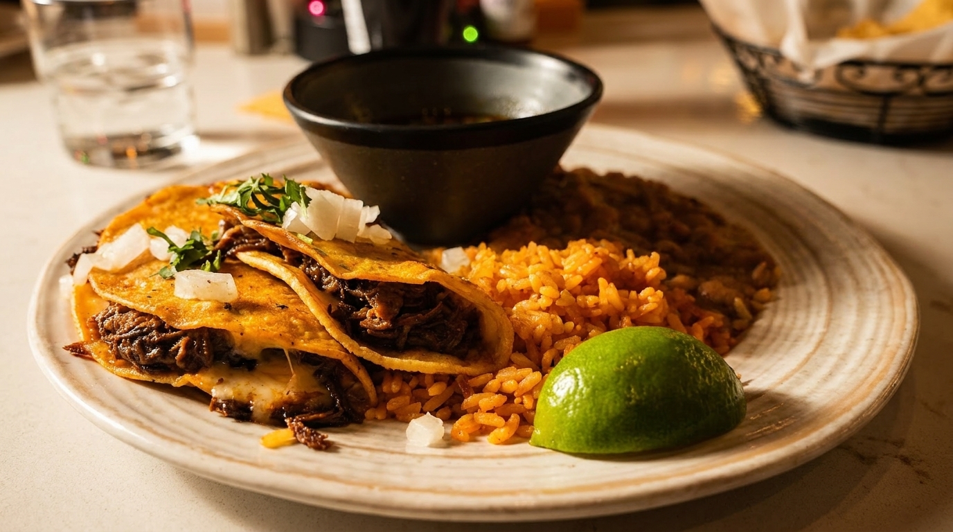 Birria tacos with rice, beans, a lime wedge, and a bowl of consommé on a plate.