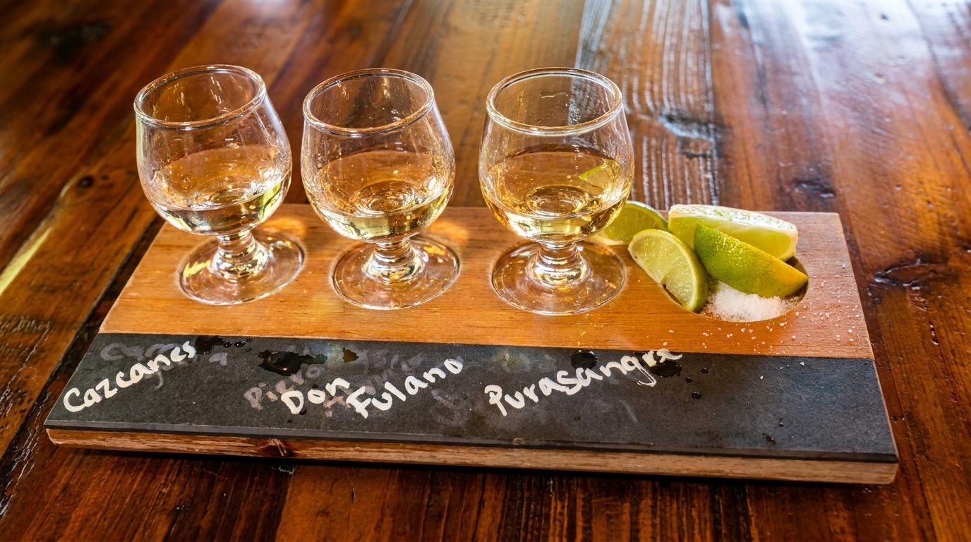 Three tequila shots with lime wedges and salt on a wooden serving board.