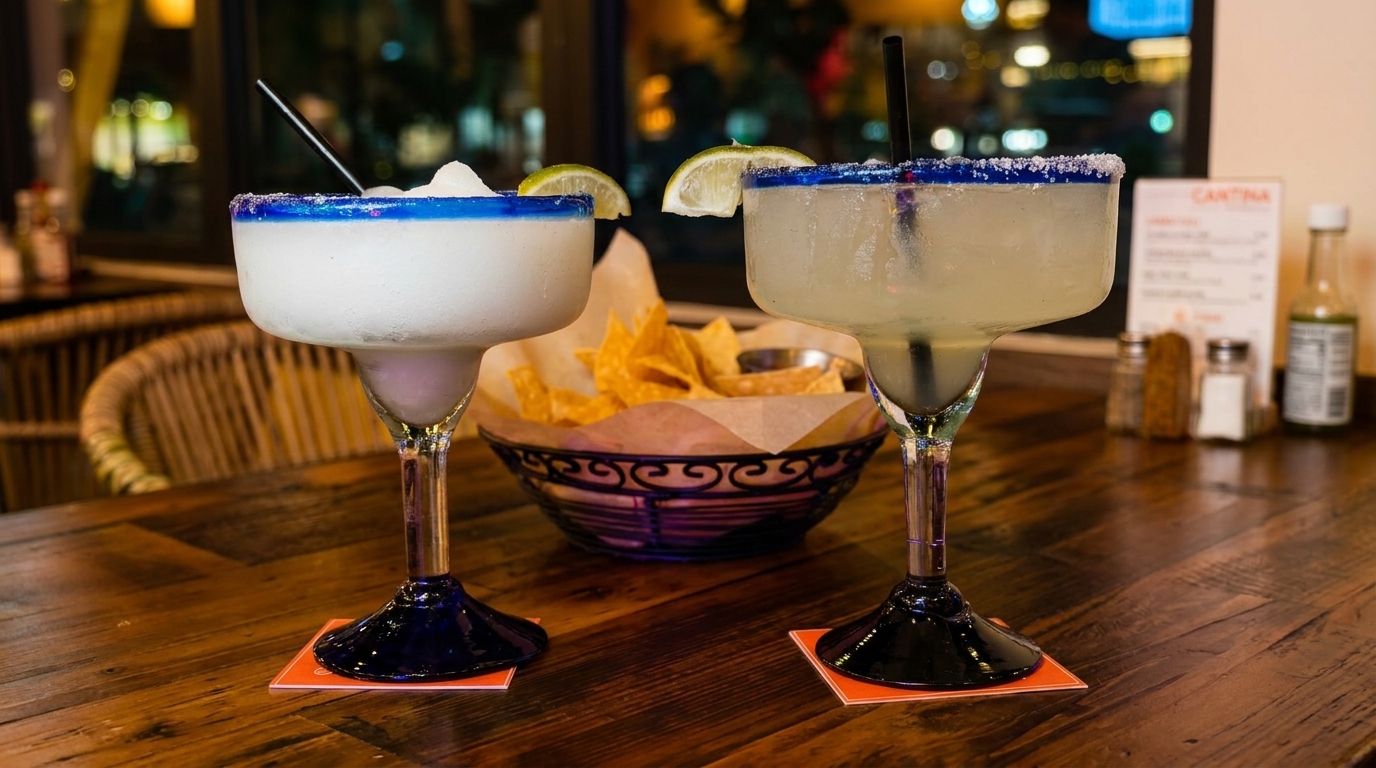Two margaritas, one frozen and one on the rocks, with a basket of tortilla chips on a wooden table.