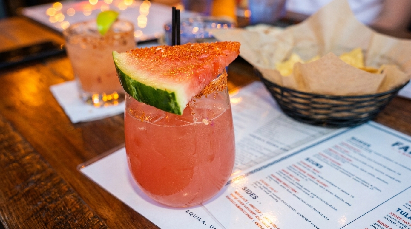 Watermelon margarita with a chili-lime rim and a basket of chips on a wooden table.