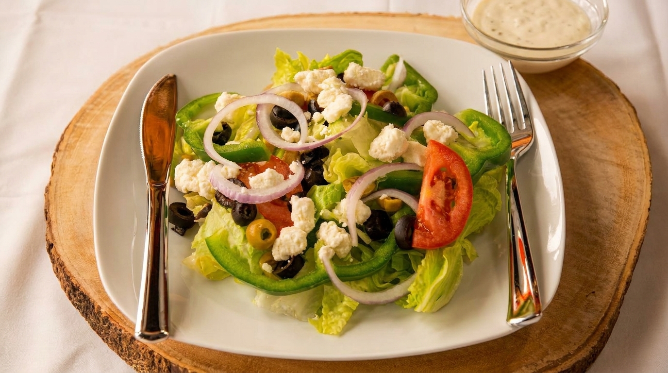 Fresh garden salad with lettuce, tomatoes, onions, olives, green peppers, and feta cheese.