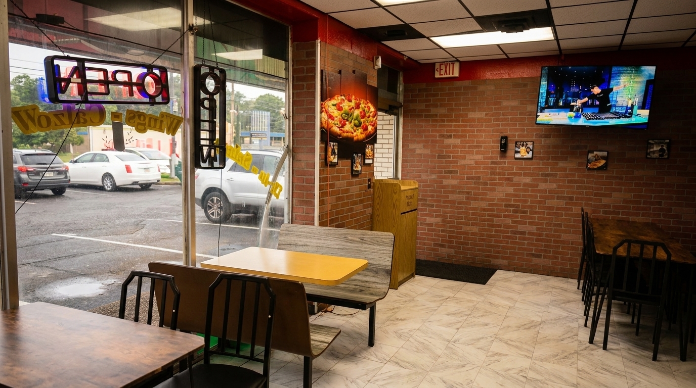 Interior of a casual restaurant with brick walls, tables, and a large window looking out onto a parking lot.