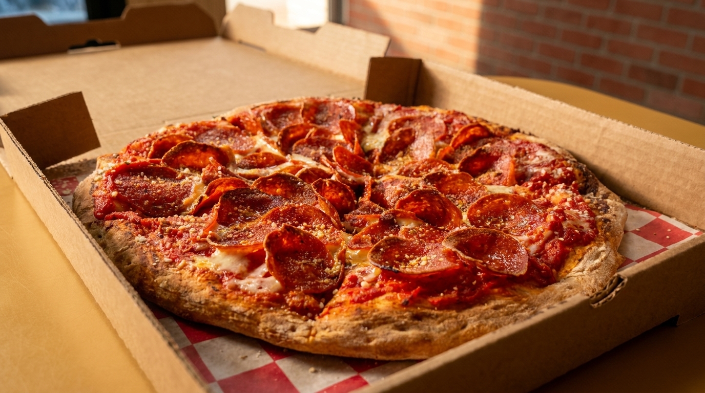 A whole pepperoni pizza with a slice removed, sitting in an open cardboard box.