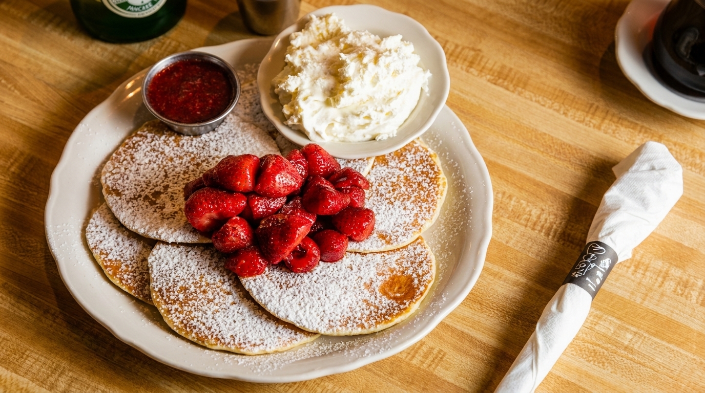 Pancakes with powdered sugar, strawberries, strawberry sauce, and whipped cream on a wooden table.