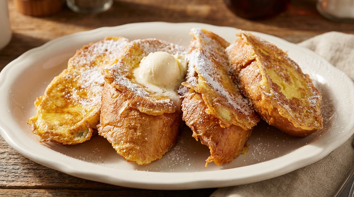 Golden French toast slices, dusted with powdered sugar and topped with a scoop of butter.