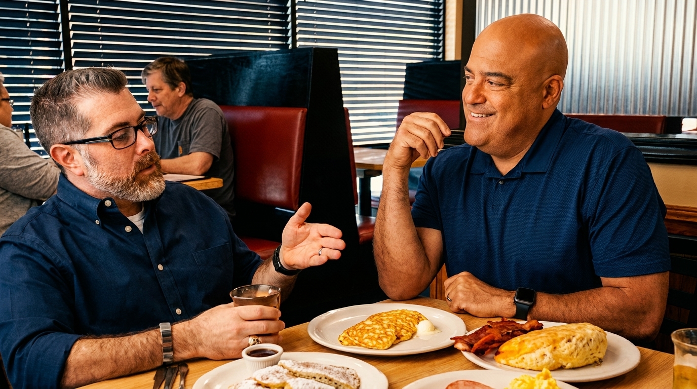 Two men enjoying breakfast and conversation at a diner booth with plates of pancakes and bacon.