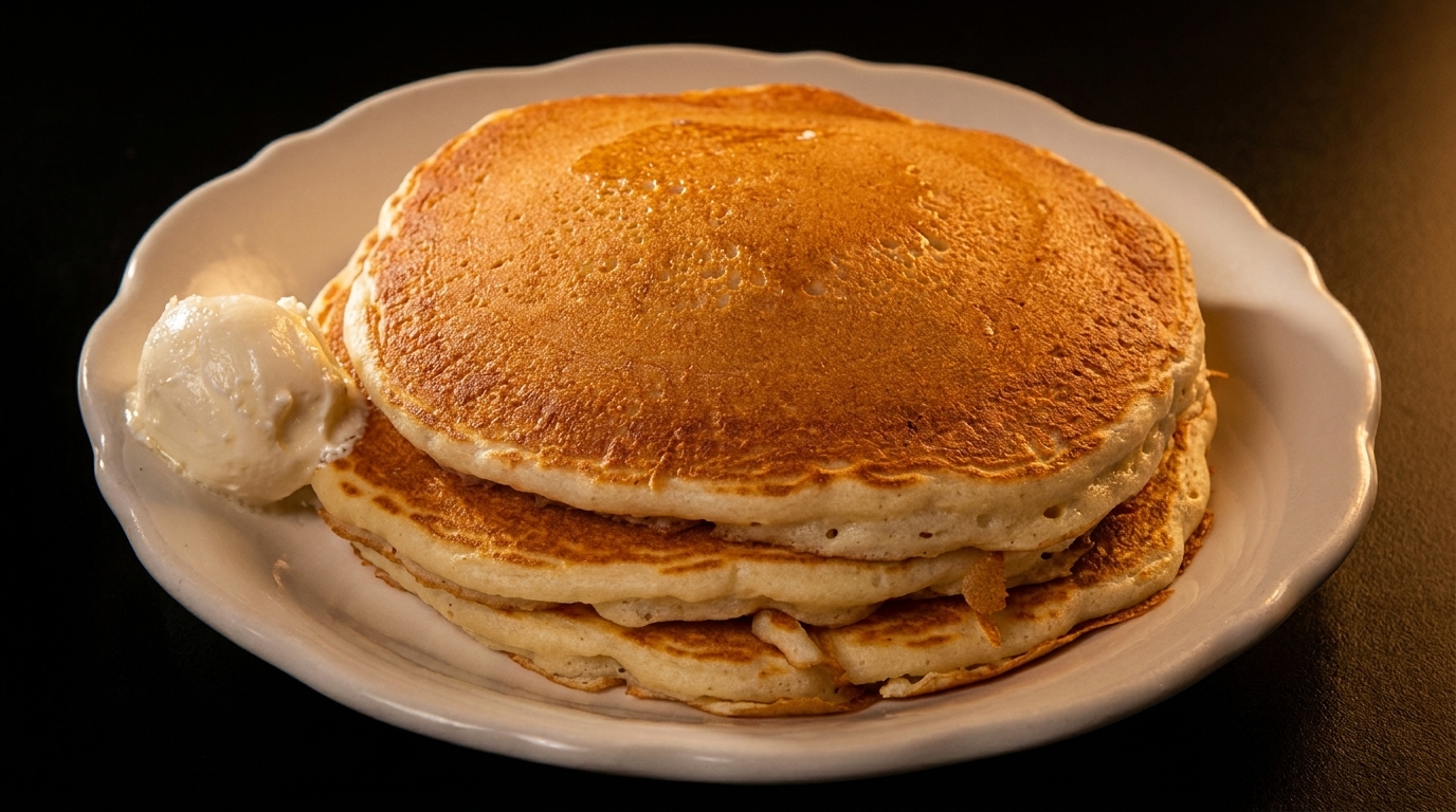 Stack of golden pancakes with syrup and a scoop of butter on a white plate.