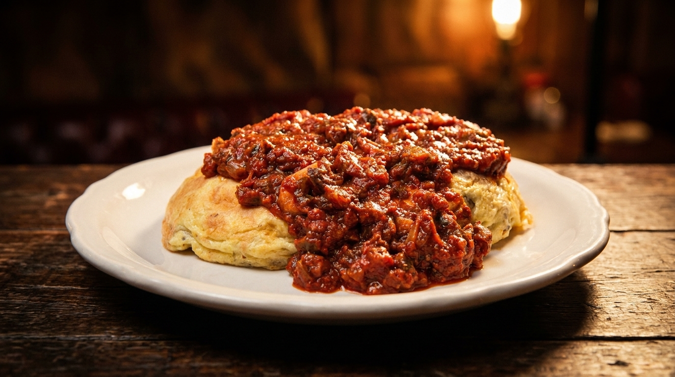 A white plate holds a golden omelet topped with a rich, chunky red sauce on a wooden table.
