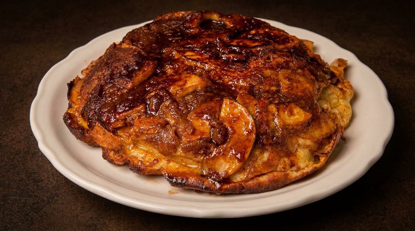 A golden-brown apple tart tatin with caramelized apples on a white plate.