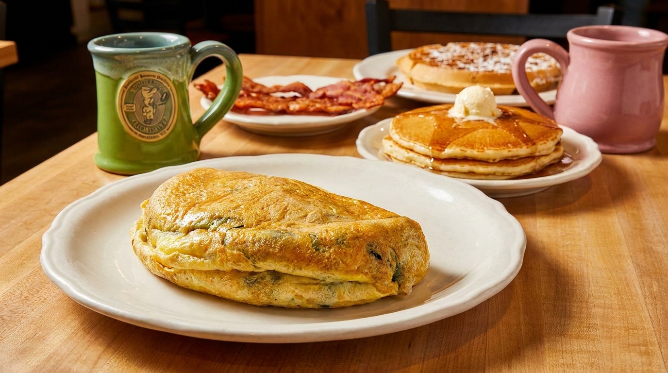 A breakfast spread with an omelet, pancakes, bacon, and waffles on a wooden table.