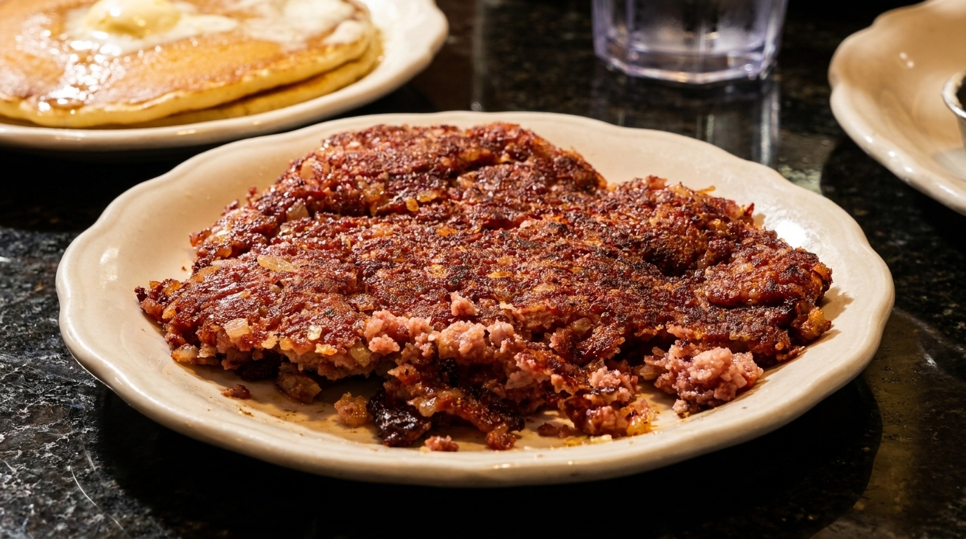 A plate of crispy corned beef hash with onions, next to pancakes with butter and syrup.