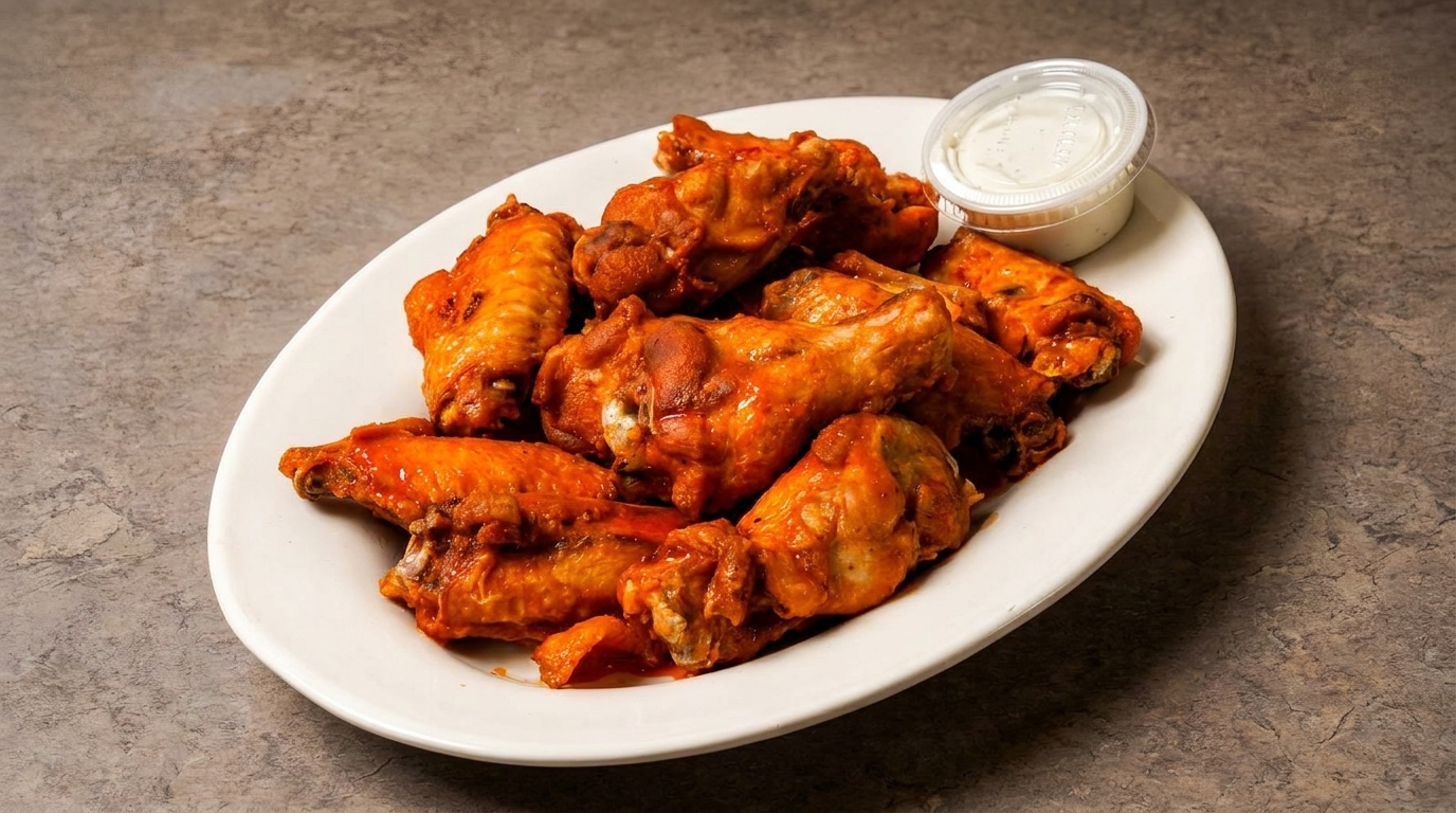 A white oval plate filled with buffalo chicken wings and a side of ranch dressing.