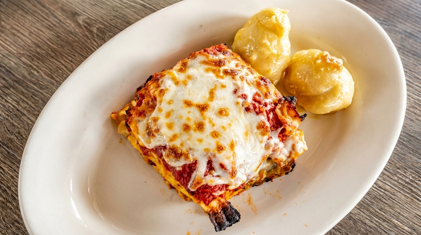 A serving of lasagna with melted cheese and two garlic knots on a white oval plate.