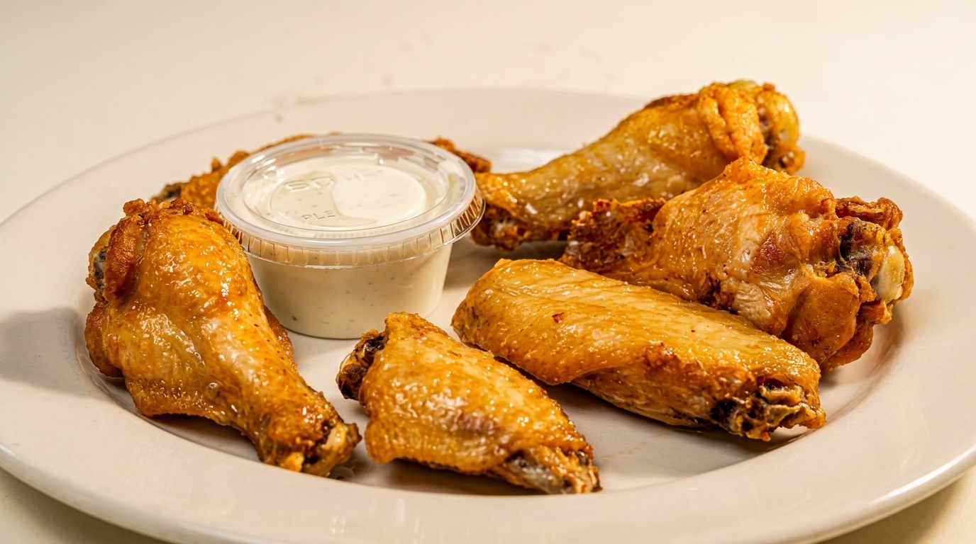 Golden-brown chicken wings and drumettes on a white plate with a side of ranch dressing.