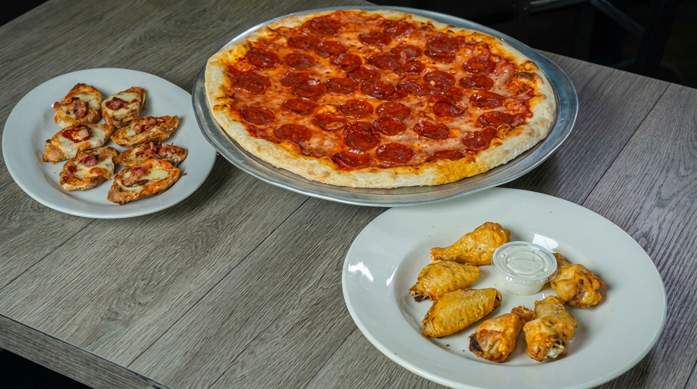 A pepperoni pizza, chicken wings with ranch, and cheesy bread on a wooden table.