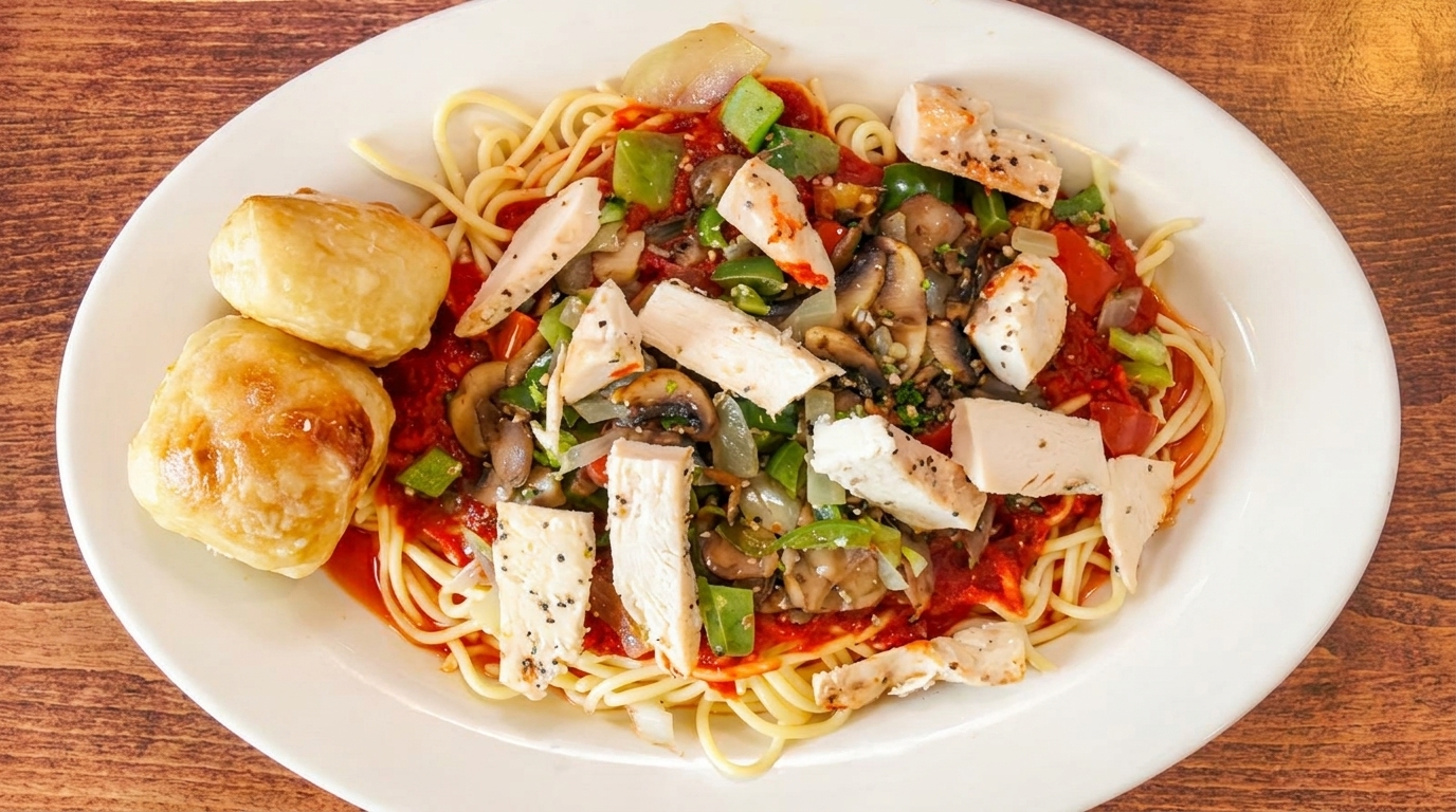 Spaghetti with chicken, mushrooms, peppers, onions, and tomato sauce, served with two bread rolls.