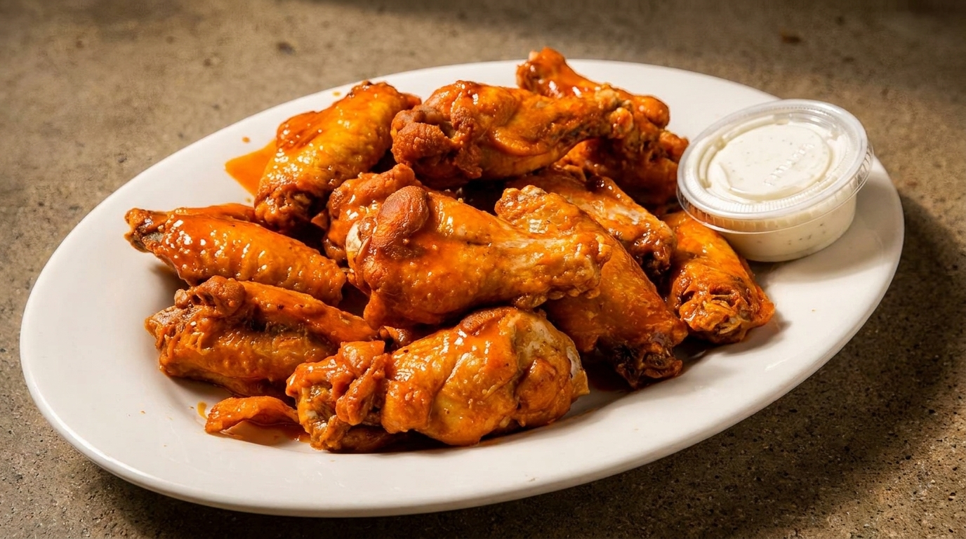 A white plate piled high with buffalo chicken wings and a side of ranch dressing.
