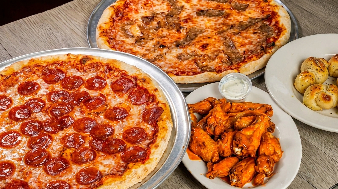 Two pizzas, one pepperoni and one sausage, with buffalo wings and garlic knots on a wooden table.