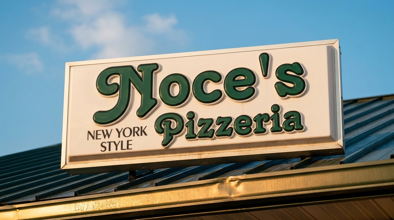 Noce's Pizzeria New York Style sign with green letters against a blue sky.