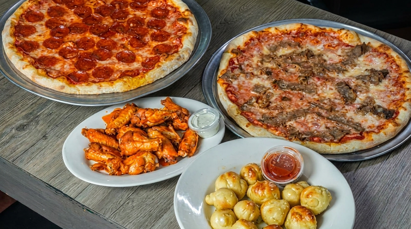 Two pizzas, one pepperoni and one steak, with a plate of buffalo wings and garlic knots.
