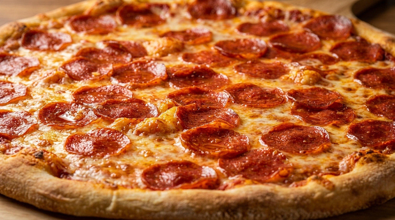 Close-up of a whole pepperoni pizza with melted cheese and a golden crust.