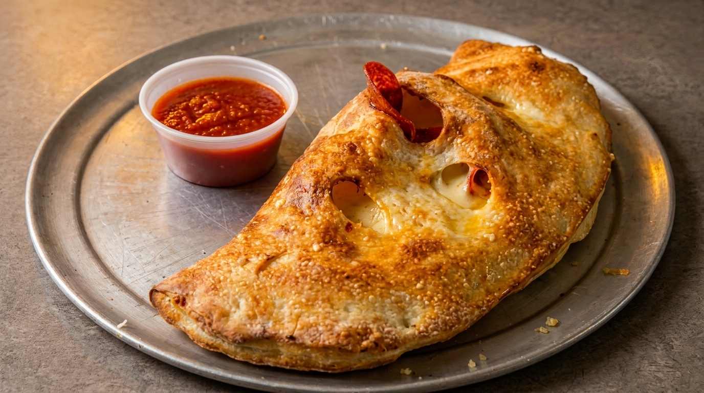 Golden-brown calzone with melted cheese and pepperoni, served with a side of marinara sauce on a metal plate.