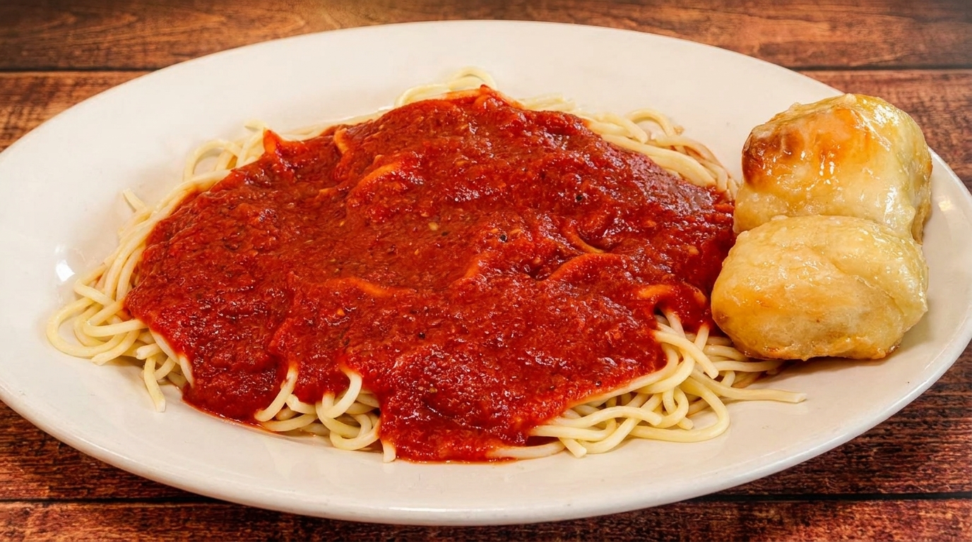 Spaghetti with red marinara sauce and two golden-brown garlic knots on a white plate.
