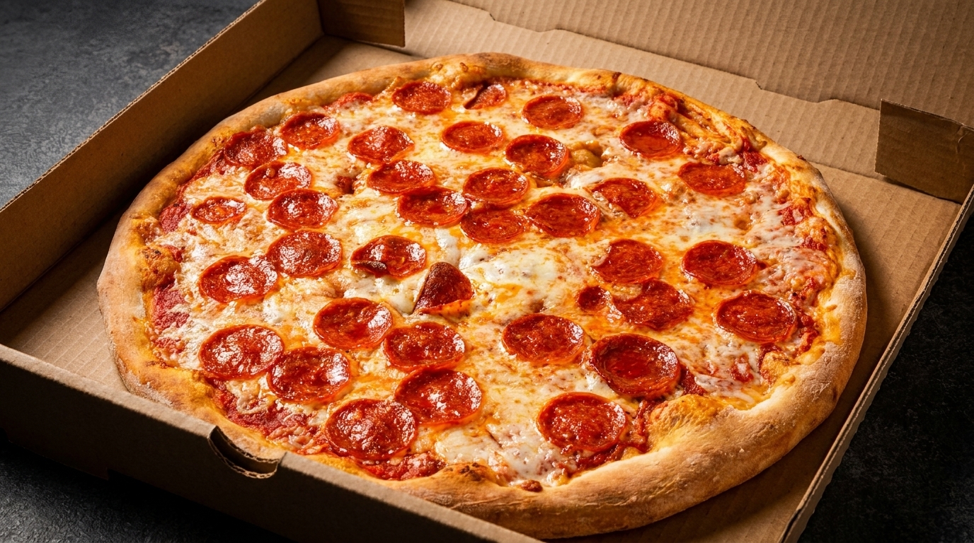 A freshly baked pepperoni pizza with melted cheese and a golden crust sits in a cardboard box.