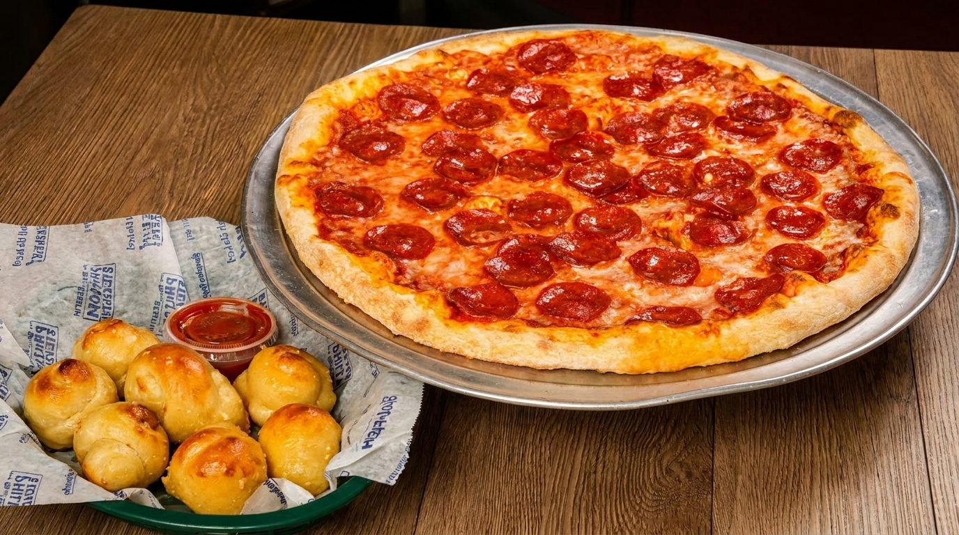 Pepperoni pizza on a metal tray next to a basket of garlic knots and marinara sauce.