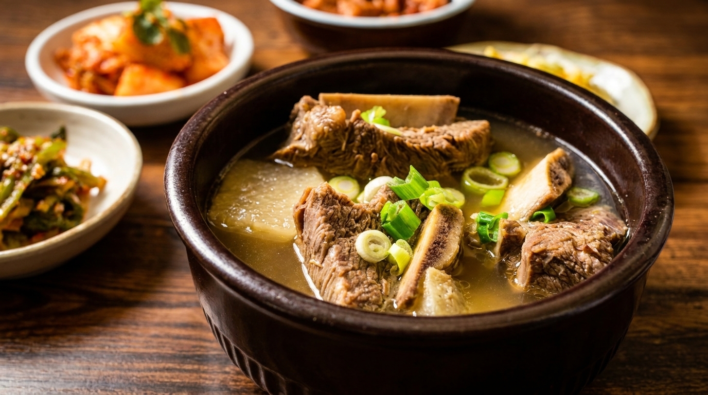 Hearty Korean beef short rib soup with green onions, served with kimchi and other side dishes.