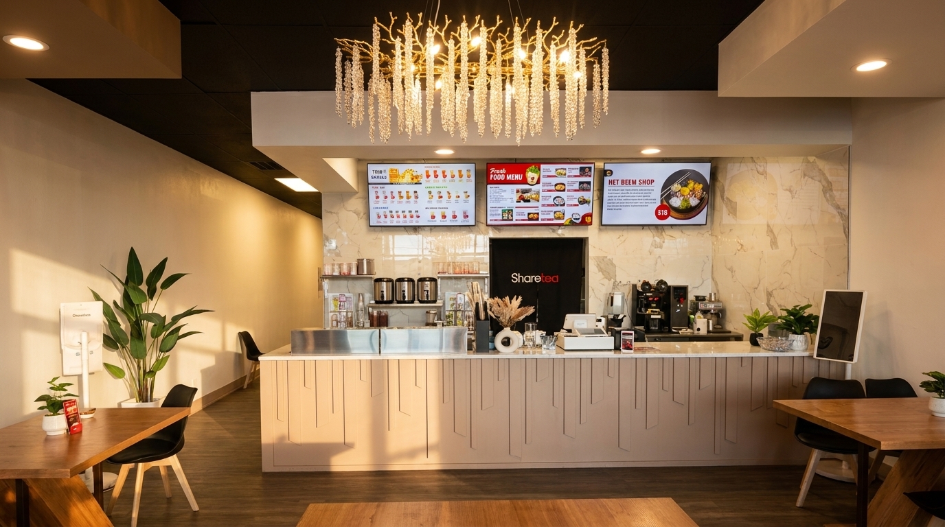 Modern Sharetea cafe interior with a long counter, menu screens, and seating areas.