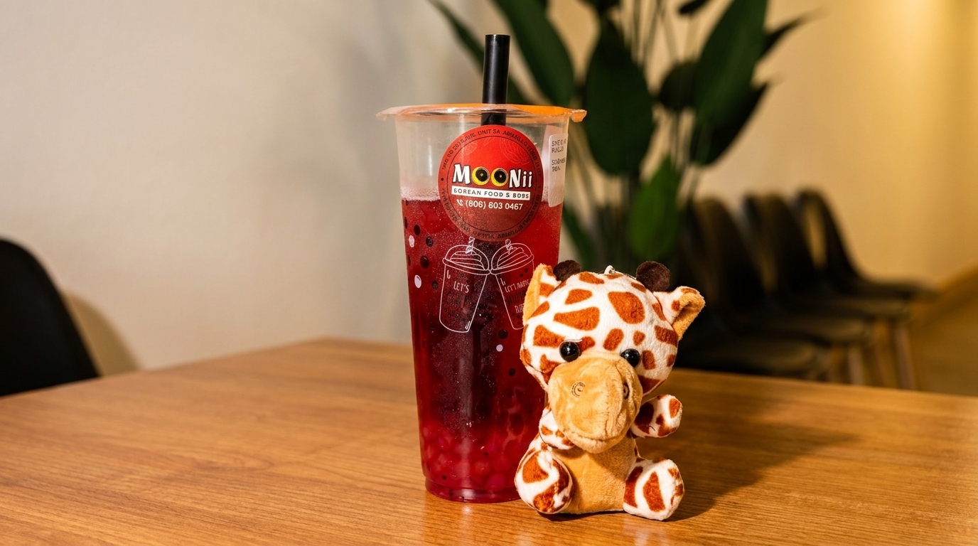 A Moonii Korean Food & Boba drink with a giraffe plushie on a wooden table.