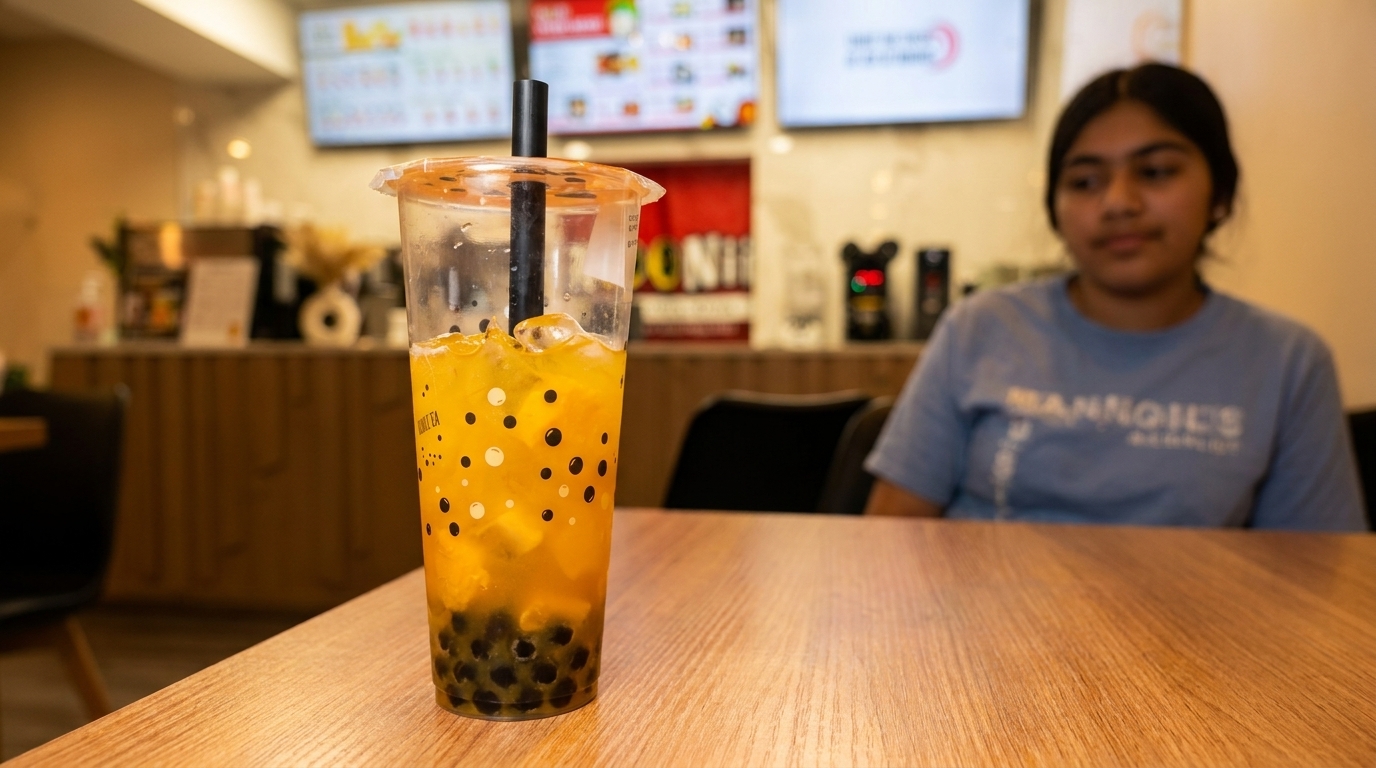 A mango boba tea with black tapioca pearls on a wooden table, with a person in the background.