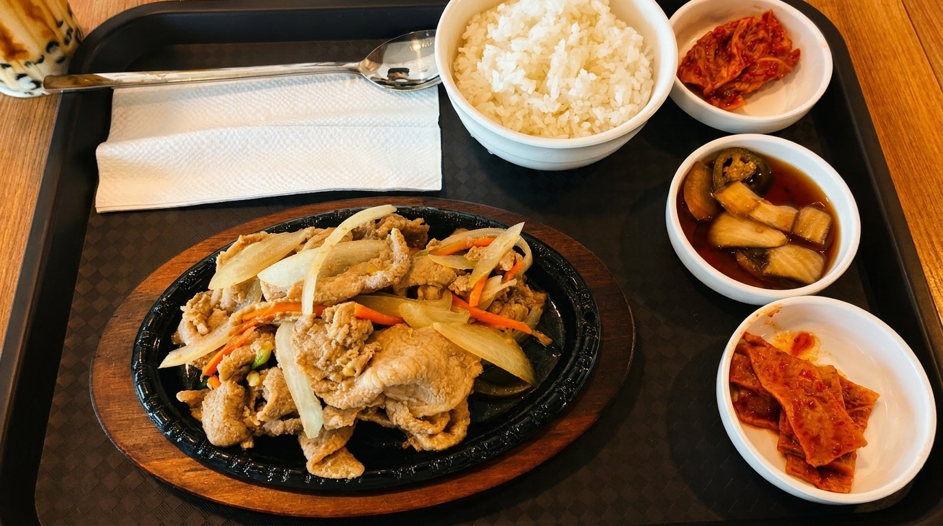 Korean BBQ pork with onions and carrots, rice, and three side dishes on a black tray.
